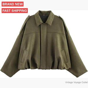 Faux Suede Bomber Jacket Oversized Cropped Lapel Pilot Coat Casual Outerwear